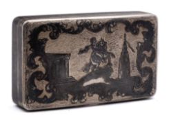An Imperial Russian silver and niello inlaid snuff box, assay master Andrei Kovalsky, Moscow,