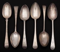 Six assorted George III and later silver Old English pattern table spoons,