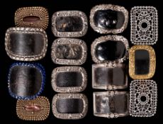 Four pairs of 19th century steel and leather shoe buckles: with cut steel decoration,