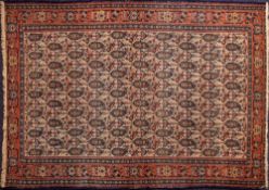A Senha rug:, the beige field with an all over geometric boteh design,