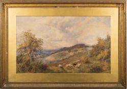 British School 19th Century- Shepherd on a hillside,:- watercolour, 54 x 89cm.