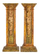 A pair of Italian carved giltwood and faux marble pedestals:,