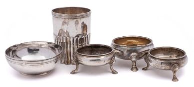 A pair of George II silver cauldron salts, maker's mark worn, London, 1757: initialled, 6.5cm.