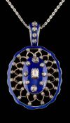 A blue enamel and diamond-set oval open-work pendant: with central table-cut diamond approximately