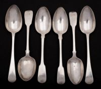 Five assorted George III and later Fiddle pattern tablespoons, various makers and dates: initialled,