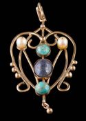 An Art Nouveau style, multi-stone-set heart-shaped pendant: set with cultured pearls,