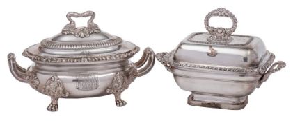 A Sheffield Plate sauce tureen and cover: crested, of oval outline,