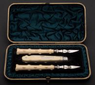 A Victorian silver and ivory three-piece Nut pick and fruit knife set, maker Hilliard & Thompson,