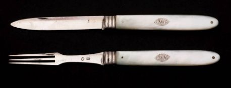 A George III period silver folding fruit knife and matching fork, unknown maker,