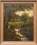 Henry John Yeend-King [1855-1924]- Figures and cattle in a stream meadow,:- signed, oil on canvas,