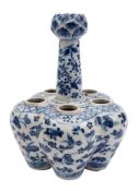 A Chinese blue and white bulb vase: of conventional form with long cylindrical lotus bud neck,