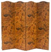 A decorated leather four-fold screen in the William Morris manner: with arched panels decorated