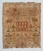 A George IV English needlework sampler: with bands of an upper and lower case alphabet and Arabic