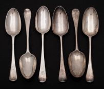 Six George II and George III English silver Hanoverian pattern tablespoons,