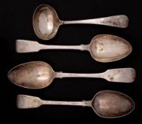 Three George III and later Fiddle pattern tablespoons, various makers and dates: initialled,