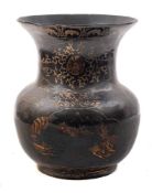 A large Chinese papier mache vase: of ovoid form and flared rim, bordered with bats,