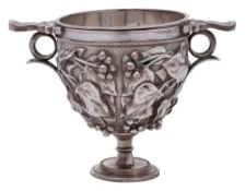 An Elkington electro plated two-handled goblet with liner: with grape and vine leaf decoration.