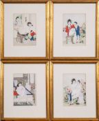 A set of twelve Chinese erotic prints on silk: each depicting an amorous couple in an interior or