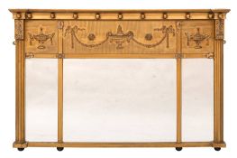 An Edwardian giltwood and gesso landscape overmantel mirror: in the Regency taste,