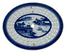 A Chinese blue and white oval crested meat strainer dish: painted with a panel of pavilions in a