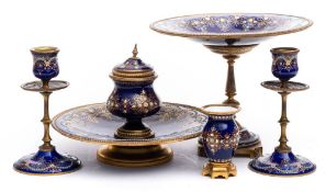 A 19th century French gilt brass and jewelled enamel five-piece desk set: bordered with flowerheads