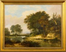 English School Circa 1830,- Wooded river scene; figure and fisherman in the foreground,