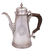 A George II silver coffee pot, maker Humphrey Payne, London, 1738: of cylindrical tapering form,