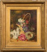 George Clare [1830-1900]- Hedgerow still life with mossy nest and a basket of flower,:- signed,