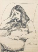 * Zdzislaw Ruszkowski [1907-1990]- Pensive girl seated,:- signed, black felt pen drawing, 73 x 54cm.