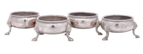 A set of four George III silver cauldron salts, maker David Hennell I, London, 1760: crested,
