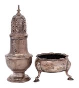 A George II silver caster, maker Samuel Wood, London, 1733: of baluster form with reeded girdle,