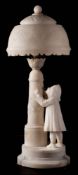 A Victorian alabaster figural table lamp: of a young girl drinking from a fountain,