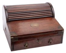 A 19th century mahogany brass bound tambour topped campaign writing slope: the domed reeded tambour