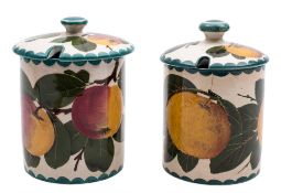 Two Wemyss pottery preserve jars and covers: of cylindrical form,