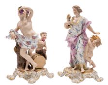 A pair of German porcelain figures allegorical of the Seasons: after Meissen originals,