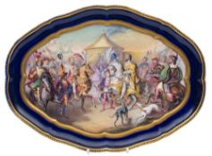 A Sèvres-style blue-ground tray: of lobed oval form,