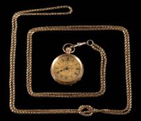 A guard chain with attached fob watch stamped '14K': the foliate dial with Roman numerals,