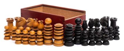 An English St Georges pattern type boxwood and ebonised chess set: both kings missing their finials,