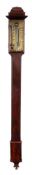A mahogany Georgian stick barometer: the brass dial engraved with a vernier gauge and with an inset