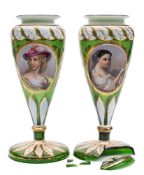 A pair of Bohemian overlay glass vases: of goblet shaped form on spreading foot,