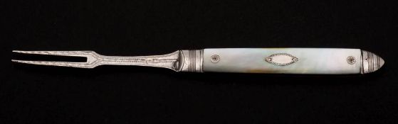 A late George III silver folding fruit fork, unknown maker, circa 1810: with mother-of-pearl handle,