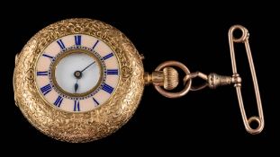 An 18ct gold and enamelled fob watch: the white enamelled dial with Roman numerals the floral case