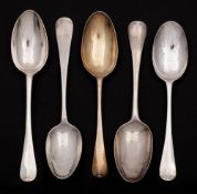 Five George II and George III English silver Hanoverian pattern dessert and tablespoons,
