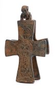 After the Antique; a copper alloy Reliquary Cross: with hinged suspension,