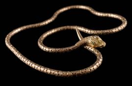 A 'snake' necklace with emerald-set eyes: stamped '9ct gold', approximately 44cm overall length, 9.