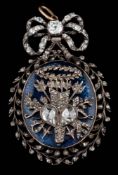 An early 19th Century enamelled and diamond mounted oval pendant: with central quiver and arrows