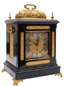 A large ebonised Victorian chiming bracket clock in the 17th century style: the eight-day duration,
