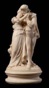 A 19th century Continental carved ivory group: Romeo and Juliet, mounted on an oval socle base,