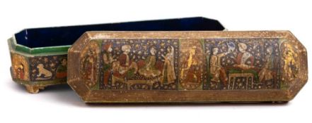 A Persian papier mache pen box and cover: of rectangular outline,