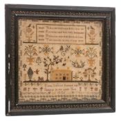 A William IV needlework sampler: the verse flanked by birds perched on flowering shrubs,
